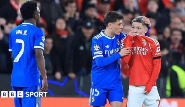 SL Benfica's Argentine forward Gianluca Prestianni hides his mouth while arguing with Real Madrid's Brazilian forward Vinicius Junior