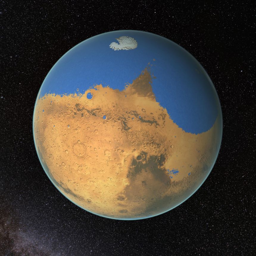 This NASA illustration shows what Mars could have looked like billions of years ago, when a large ocean might have covered about one-third of its surface.