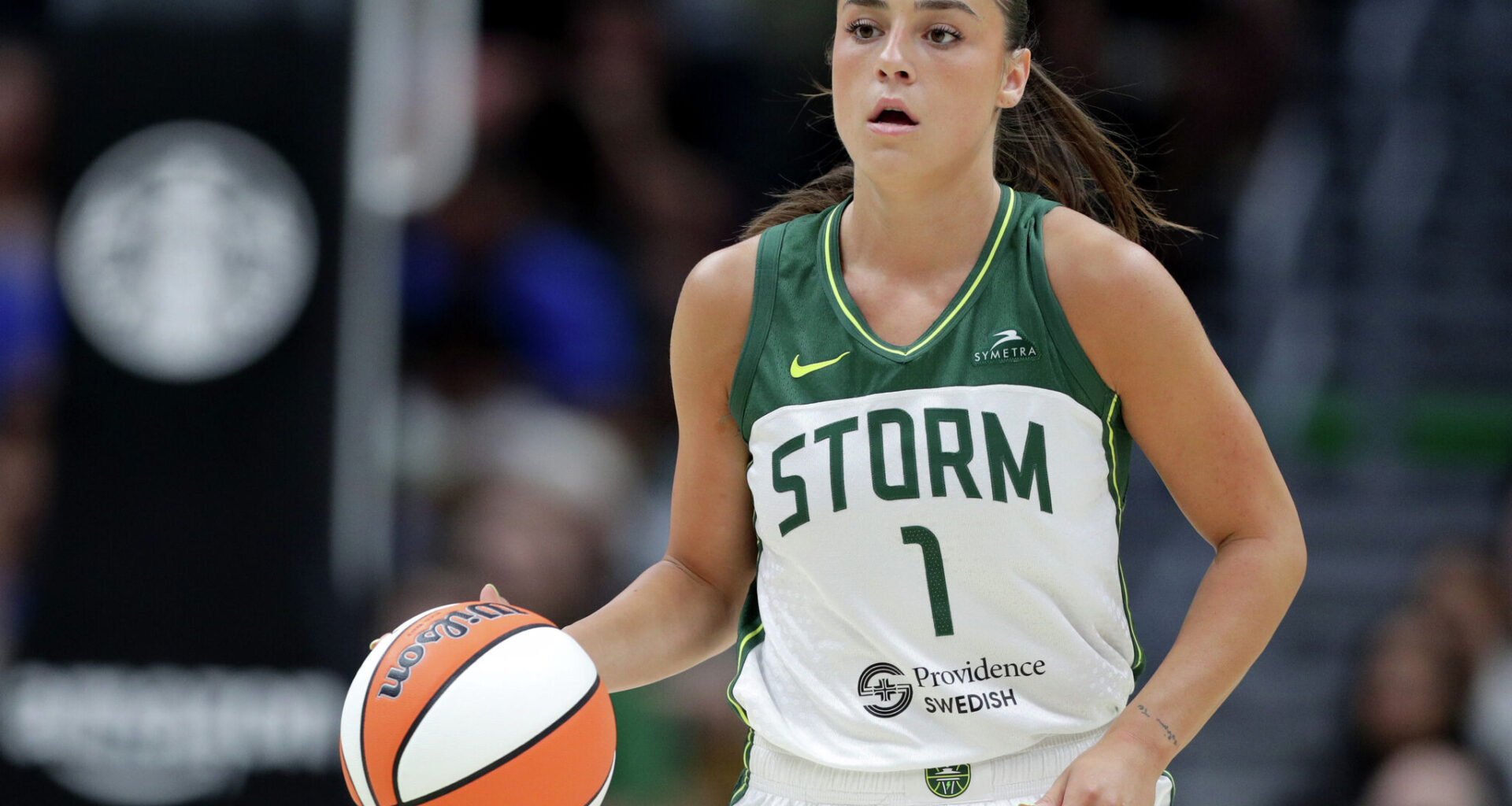 SEATTLE, WASHINGTON - SEPTEMBER 07: Nika Muhl #1 of the Seattle Storm dribbles against the Phoenix Mercury during the fourth quarter at Climate Pledge Arena on September 07, 2024.