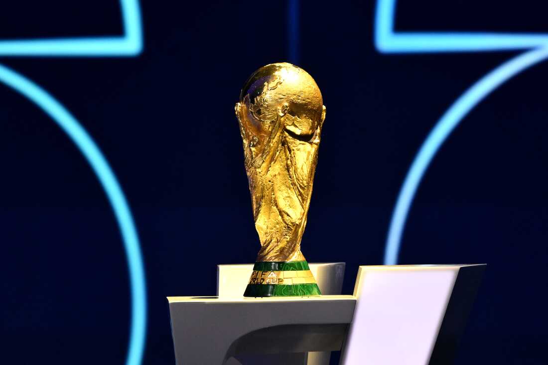 The FIFA World Cup trophy is displayed during the official draw ceremony held at the John F. Kennedy Center for the Performing Arts in Washington, D.C. on Dec. 5, 2025.