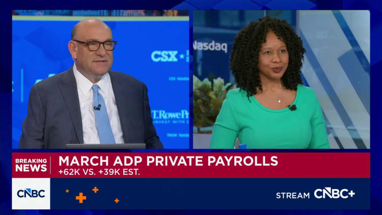 Private sector hiring totaled 62,000 in March, better than expected, ADP says