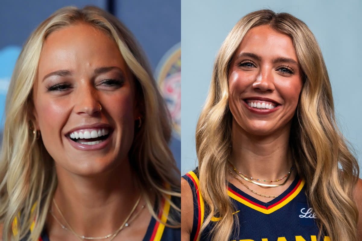 Sophie Cunningham (left) and Lexie Hull (right) during the Indiana Fever media day.Christine Tannous, Grace Smith-IndyStar/USA TODAY NETWORK via Imagn Images