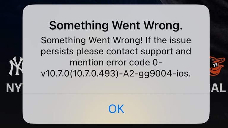 An error message appears on the Gotham Sports App.