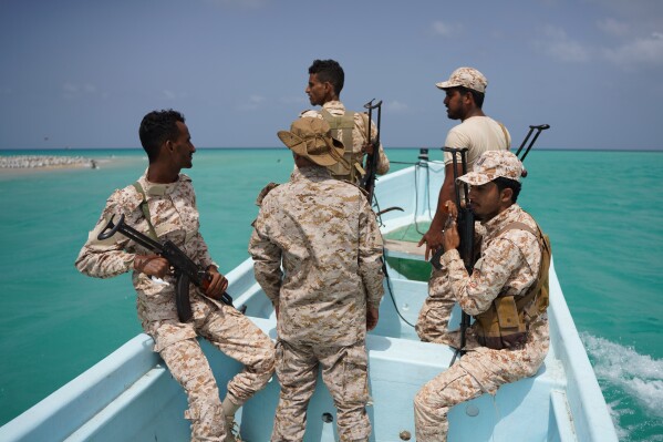 Yemeni soldiers patrol the strategic Bab el-Mandeb Strait, Yemen, Sunday, April 5, 2026. (AP Photo/Abdulnasser Alseddik, File)