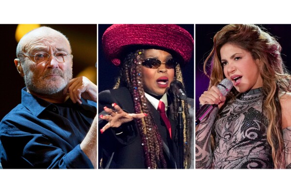 Phil Collins performs at Palacio de los Deportes in Mexico City on March 9, 2018, left, Lauryn Hill performs during the draw for the 2026 soccer World Cup in Washington on Dec. 5, 2025, center, and Shakira performs during the Global Citizen Festival in New York on Sept. 27, 2025. (AP Photo)