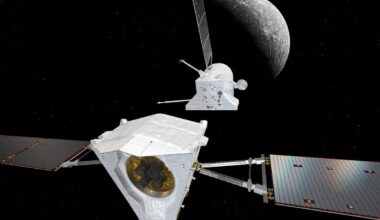 Two spacecraft in front of Mercury