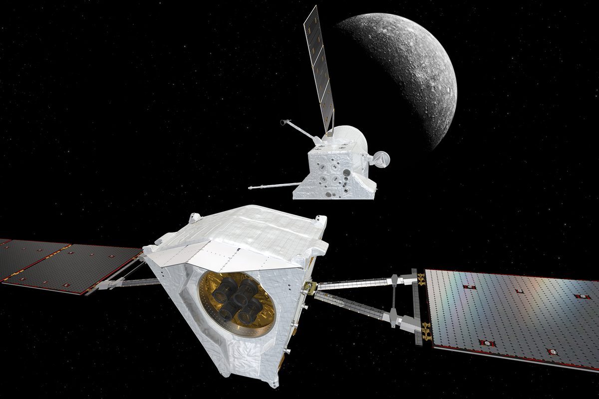 Two spacecraft in front of Mercury