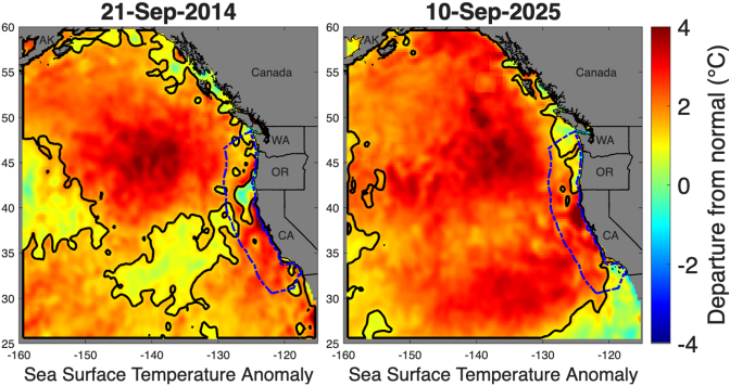A map depicts a marine heat wave off the coast of California in varying red to green shades. 