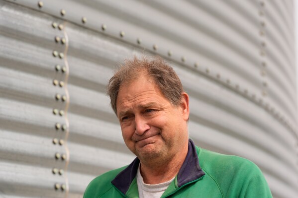 Doug Bartek talks about high production costs and tough market conditions for the soybeans he grows on his farm near Wahoo, Neb., on Monday, April 6, 2026. (AP Photo/Charlie Riedel)