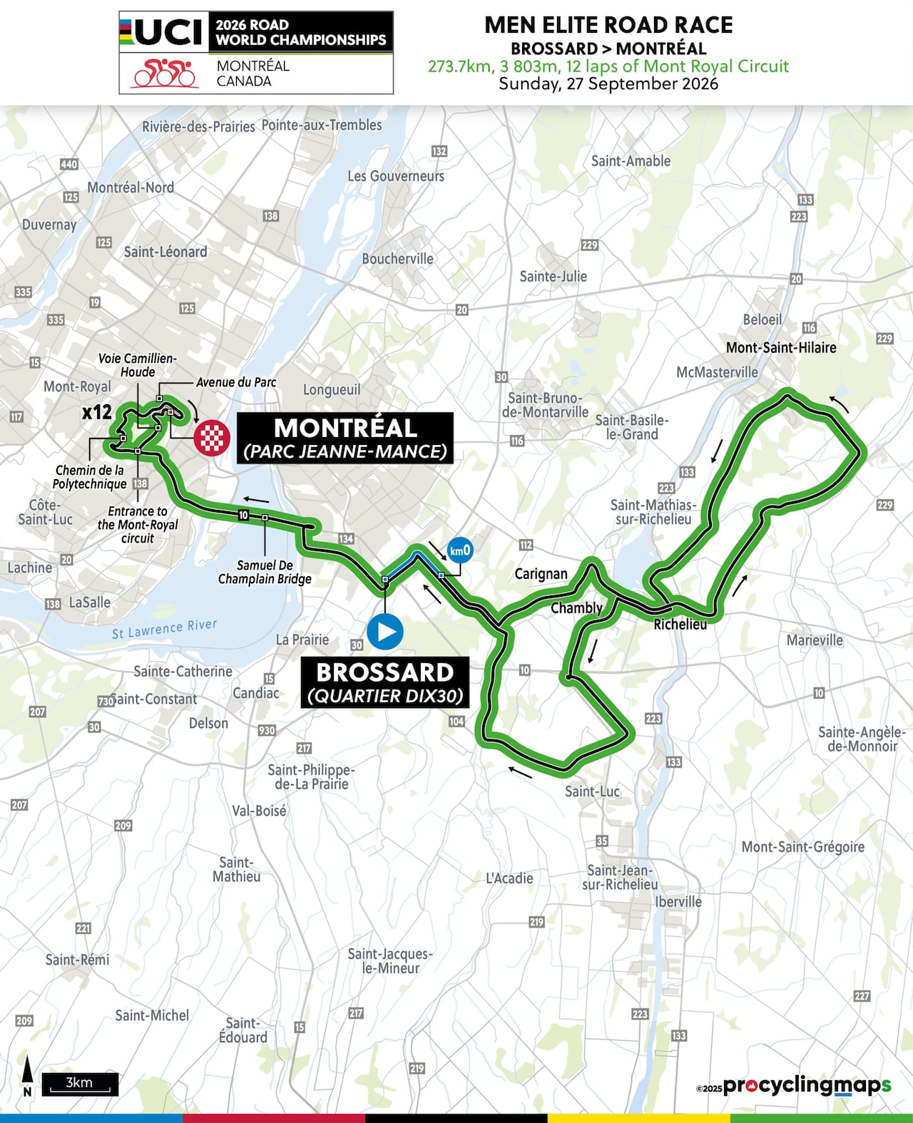 A map shows the circuit for a cycling race that starts in Brossard and ends in Montreal.