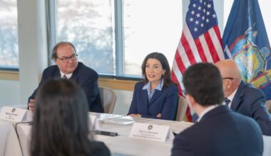 Gov. Kathy Hochul meets with North Country leaders in Ogdensburg on March 10, 2026, to discuss challenges brought on by tariffs. Photo: Mike Groll/Office of Governor Kathy Hochul