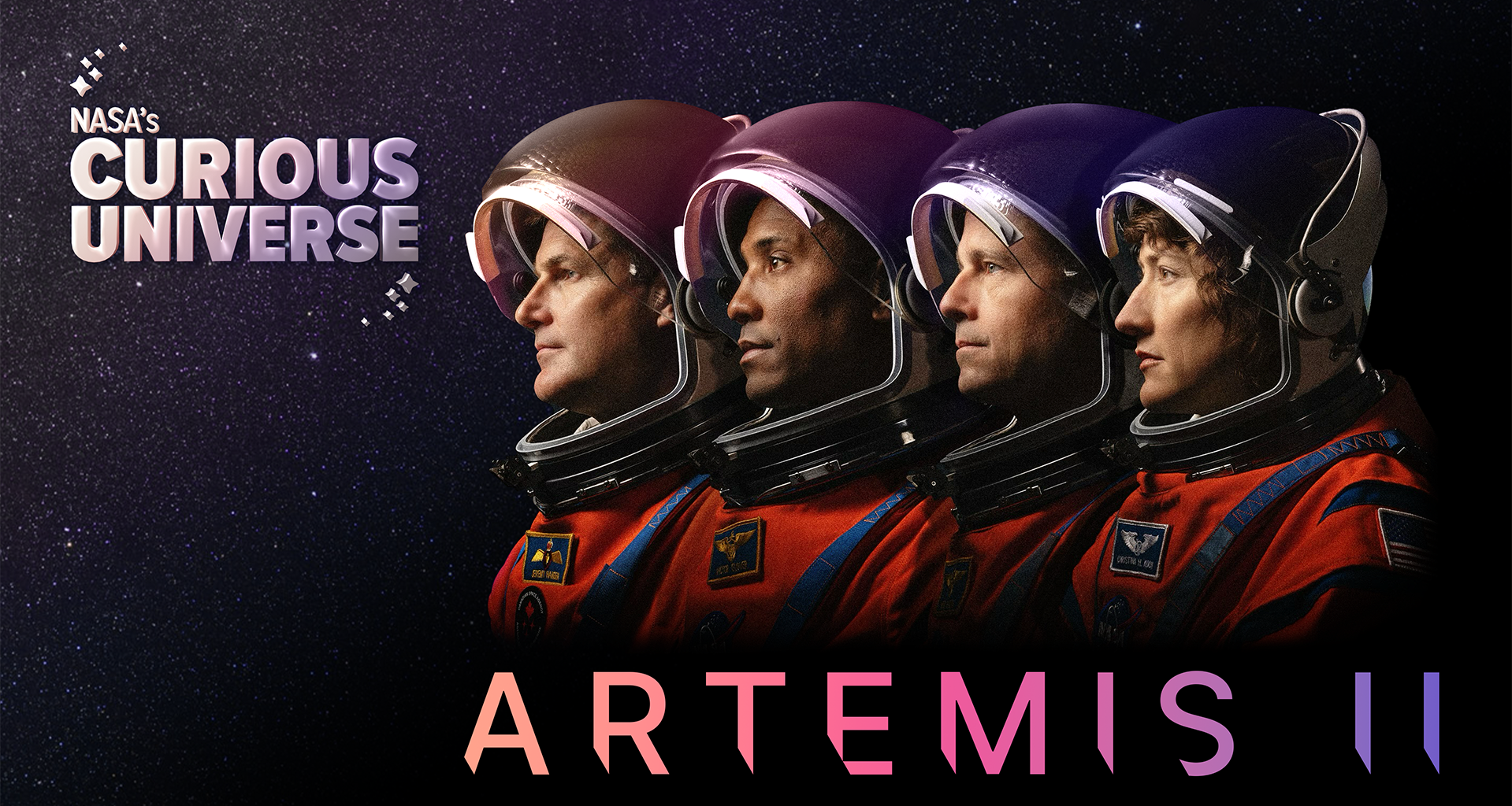 A dark podcast logo features the four crew members of NASA