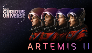 A dark podcast logo features the four crew members of NASA