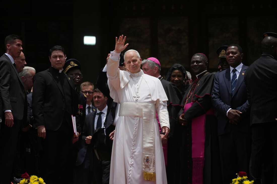 Pope Leo XIV leaves at the end of a meeting for peace at Saint Joseph's Cathedral in Bamenda, Cameroon, with the local community, April 16, 2026, on the fourth day of his 11-day pastoral visit to Africa.
