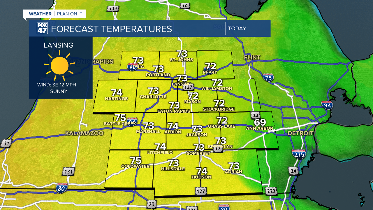 High temperatures today warm into the mid to lower 70's with afternoon sunshine as high pressure briefly influences the forecast