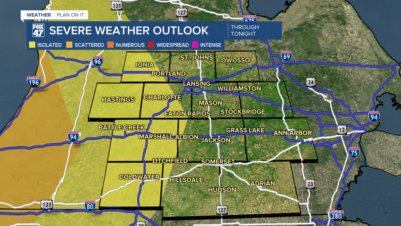 Marginal risk for isolated storms exists for portions of Eaton County and far western Jackson and Hillsdale counties during the overnight period