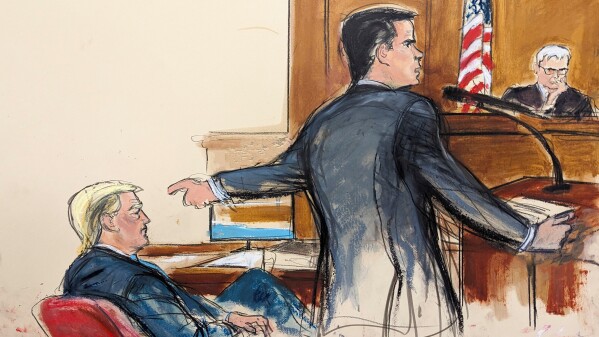 This artist depiction shows defense attorney Todd Blanche pointing at former President Donald Trump while giving his opening statement to the jury in Manhattan criminal court Monday, April 22, 2024, in New York. (Elizabeth Williams via AP, File)