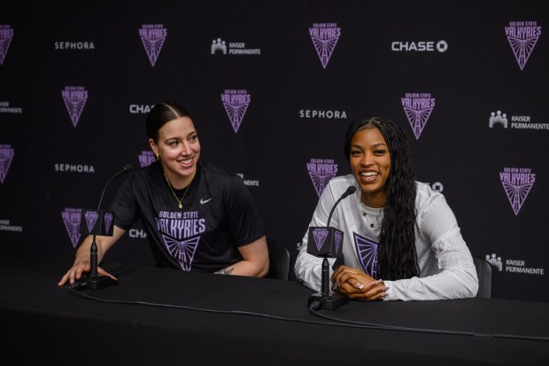 WNBA draft picks Marta Suarez, left, and Ashlon Jackson speak during a press conference held at the Sephora Performance Center in Oakland, Calif., on Friday, April 17, 2026. (Jose Carlos Fajardo/Bay Area News Group)