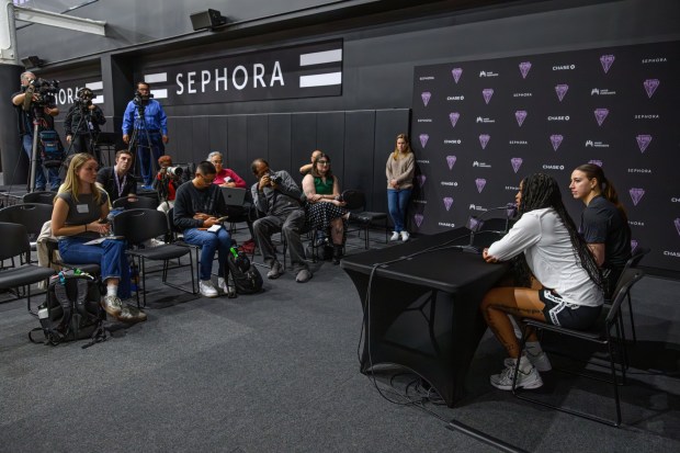 WNBA draft picks Ashlon Jackson, from left, and Marta Suarez speak during a press conference held at the Sephora Performance Center in Oakland, Calif., on Friday, April 17, 2026. (Jose Carlos Fajardo/Bay Area News Group)