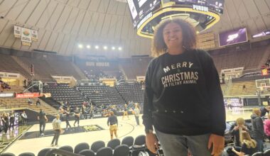 Attica Elementary School sixth grade math teacher and former Phoenix Mercury player Macee Overman takes in the action during a youth day for Purdue women's basketball against Lipscomb at Mackey Arena in West Lafayette, Ind. on Dec. 11, 2025.