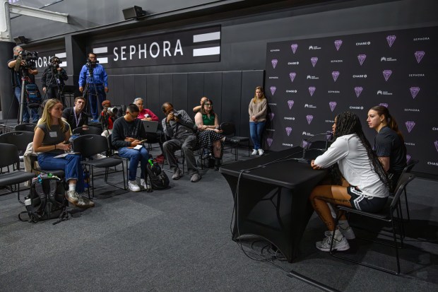 WNBA draft picks Ashlon Jackson, from left, and Marta Suarez speak during a press conference held at the Sephora Performance Center in Oakland, Calif., on Friday, April 17, 2026. (Jose Carlos Fajardo/Bay Area News Group)