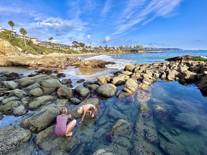 Two young children with light skin play in a tidepool on a sunny day under blue skies. 