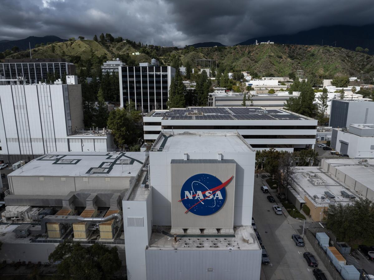 Storm clouds hang over the Jet Propulsion Laboratory on Feb. 7, 2024.