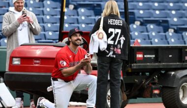Guardians' Austin Hedges gets engaged on field following game