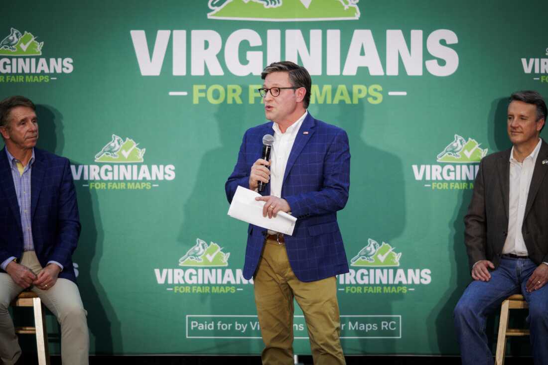 Speaker of the House Mike Johnson, R-La., gives remarks as U.S. Rep. Rob Wittman (R-VA-01) left, listens along U.S. Rep. Ben Cline (R-VA-06) during a rally opposing the proposed 10-1 congressional maps on Saturday, April 11, 2026 at Dynamic Aviation in Bridgewater, Virginia.