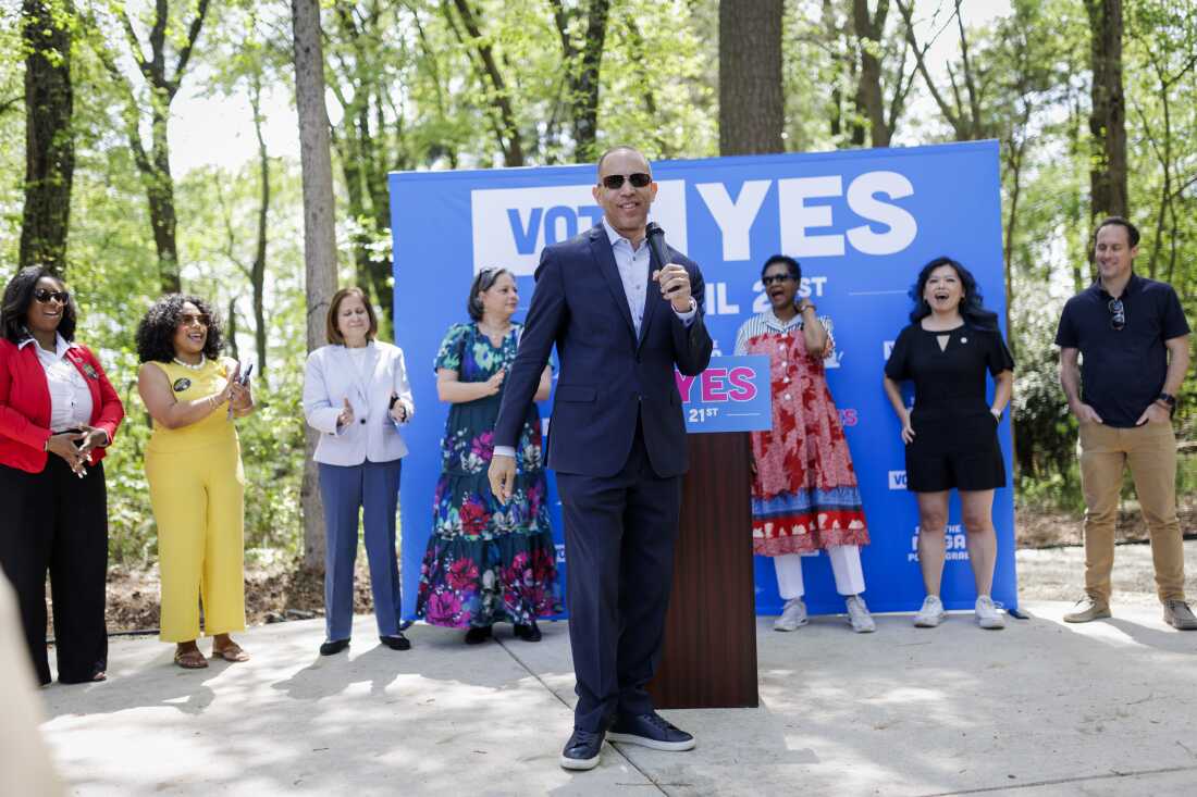 U.S. House Minority Leader Hakeem Jeffries, a Democrat from New York, addresses attendees during a rally in support of the proposed 10-1 congressional maps on Sunday, April 12, in Henrico, Va.