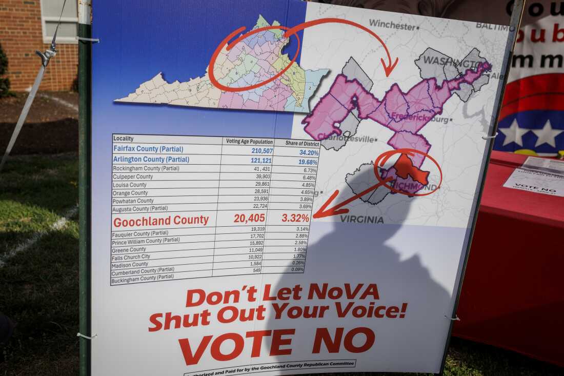 A sign for the “Vote No” campaign outside of the Goochland County Parks and Recreation office on Saturday, April 11, in Goochland County, Va.