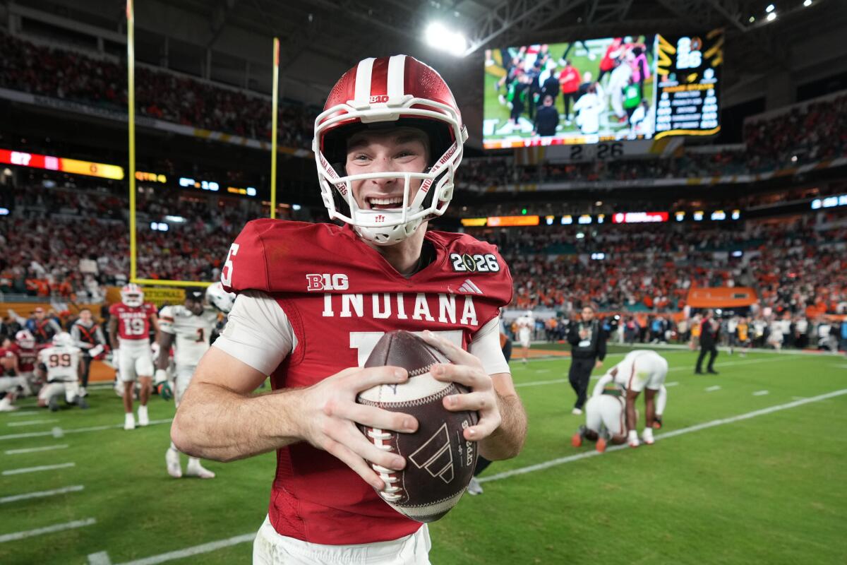 Indiana quarterback Fernando Mendoza smiles after a win over Miami in the College Football Playoff national championship.