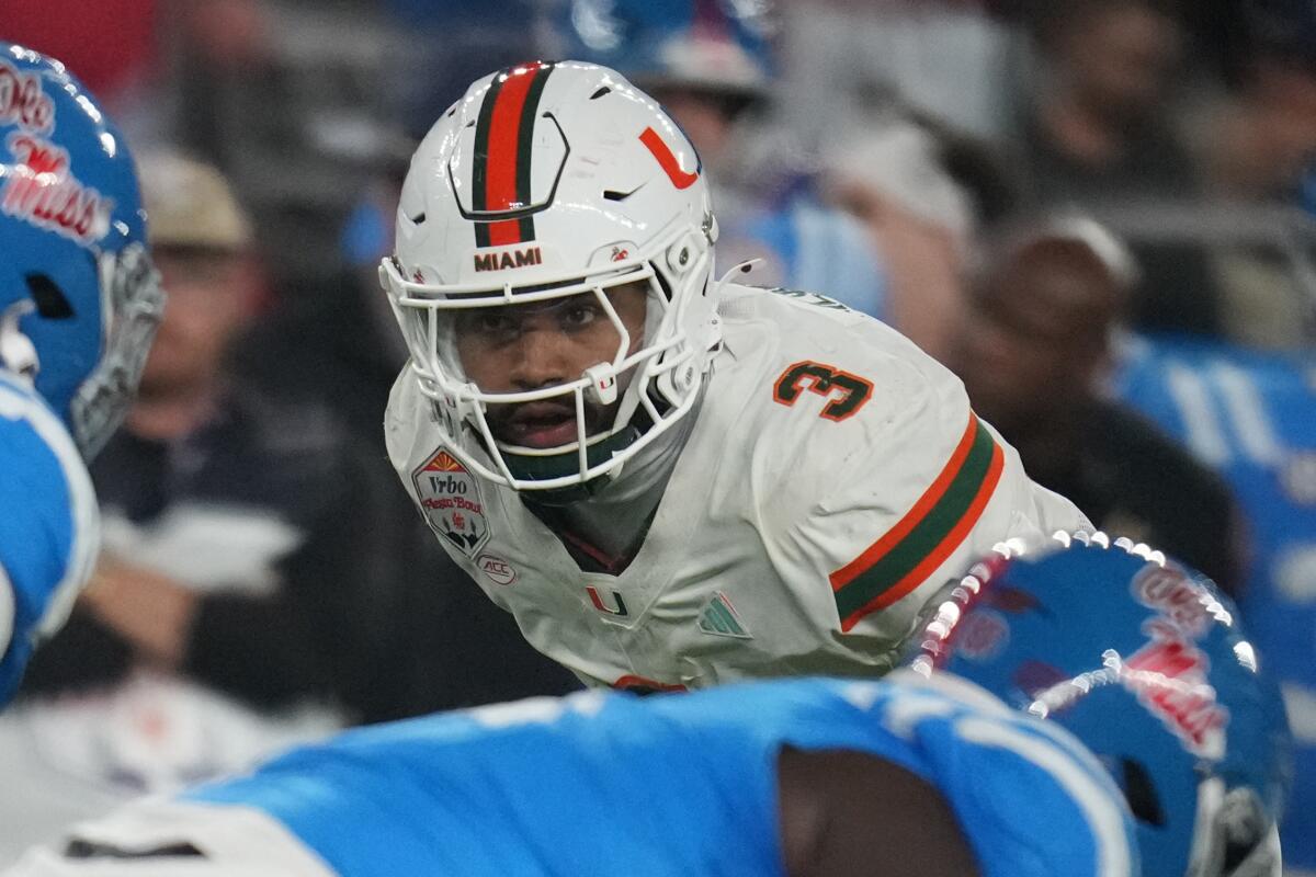 Miami defensive lineman Akheem Mesidor plays against Mississippi in the College Football Playoff semifinals on Jan. 8.