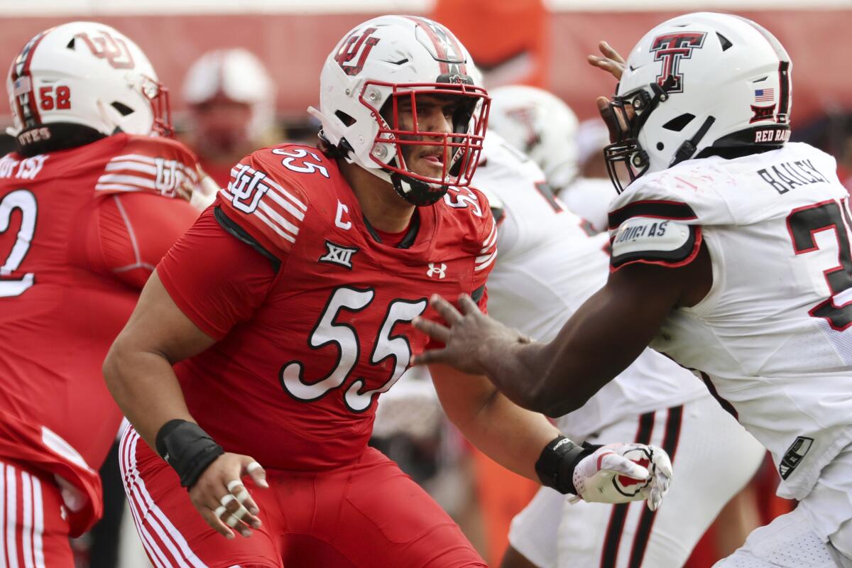 Utah offensive lineman Spencer Fano blocks against Texas Tech on Sept. 20.