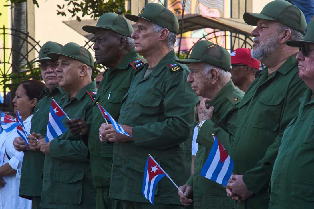 Cuban President Miguel Diaz-Canel, center, attends a celebration marking the 65th anniversary of the proclamation declaring the Cuban Revolution socialist, in Havana, Cuba, Thursday, April 16, 2026.