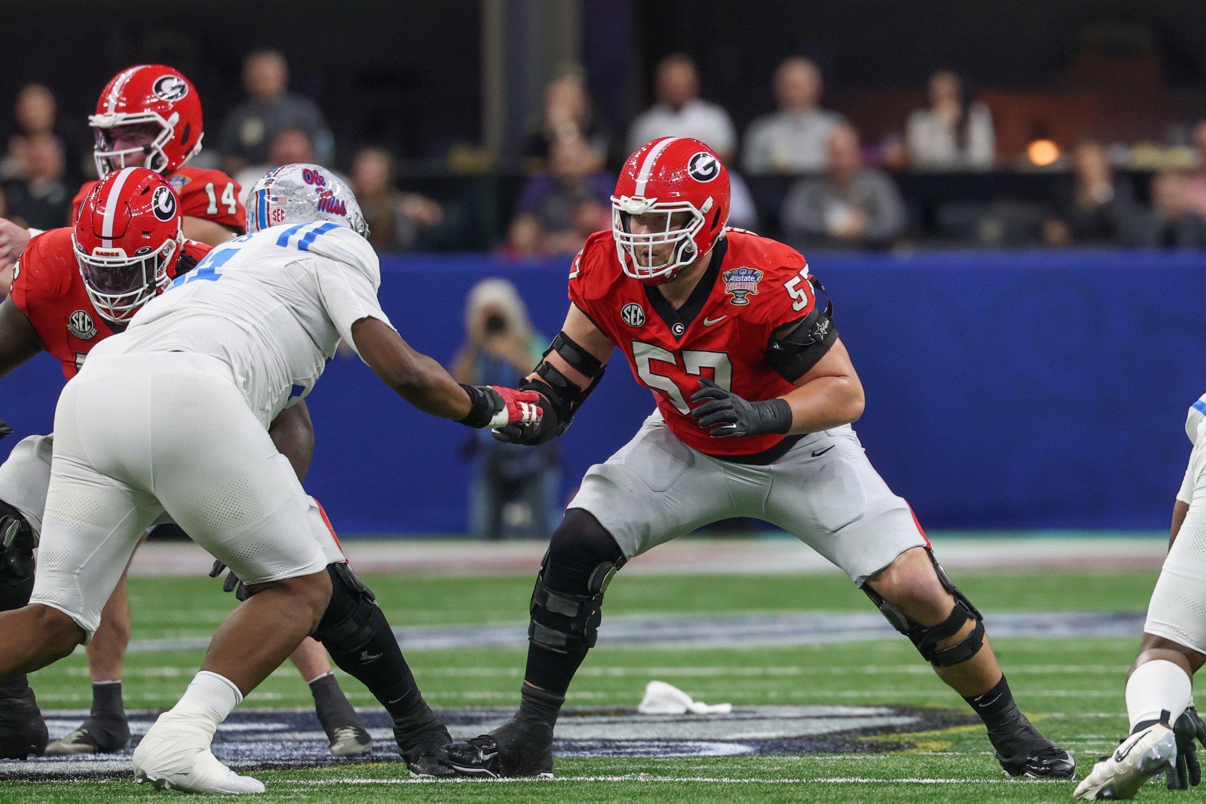 NEW ORLEANS, LA - JANUARY 01: OL Monroe Freeling #57 of the Georgia Bulldogs readies to block during the College Football Playoff Quarterfinal at the Allstate Sugar Bowl between Ole Miss Rebels and Georgia Bulldogs on January 1, 2026, at Caesars Superdome in New Orleans, LA. (Photo by David Buono/Icon Sportswire via Getty Images)