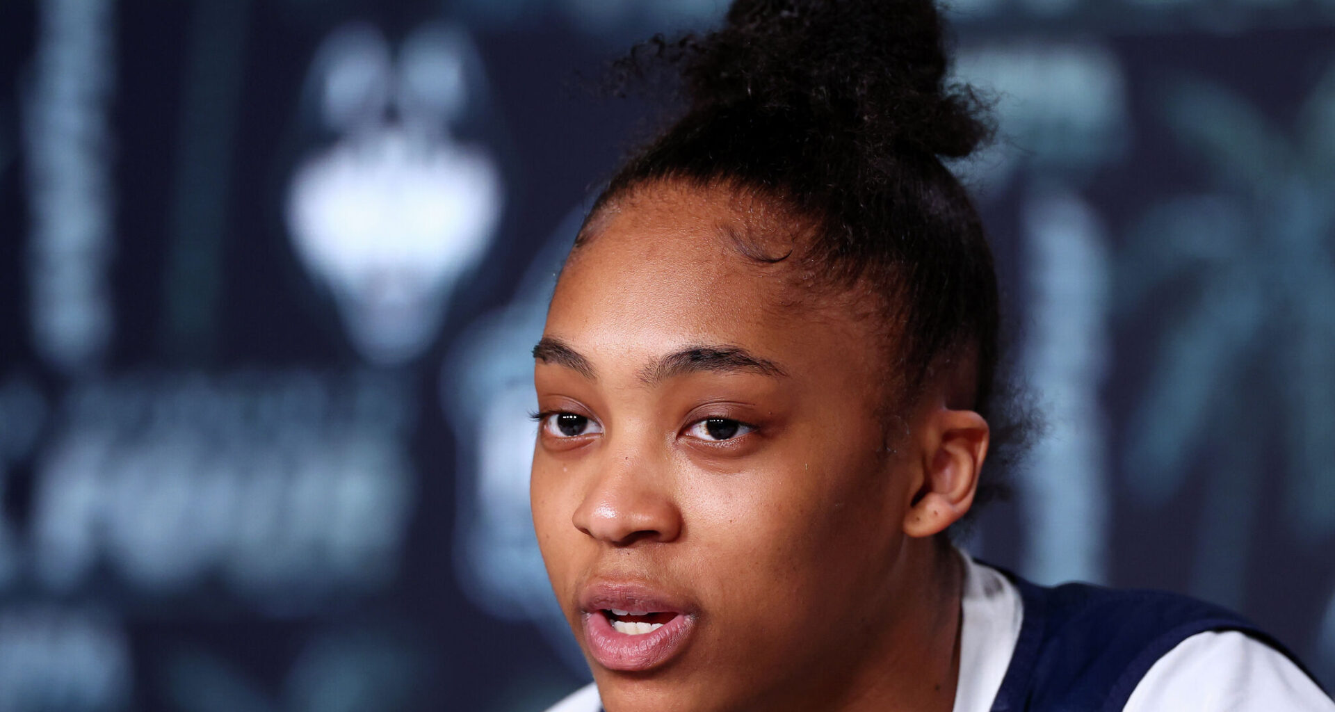 TAMPA, FLORIDA - APRIL 03: Aubrey Griffin #44 of the Connecticut Huskies speaks during a press conference ahead of the 2025 NCAA Women's Basketball Tournament Final Four at Amalie Arena on April 03, 2025 in Tampa, Florida. (Photo by Maddie Meyer/Getty Images)