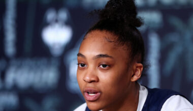 TAMPA, FLORIDA - APRIL 03: Aubrey Griffin #44 of the Connecticut Huskies speaks during a press conference ahead of the 2025 NCAA Women's Basketball Tournament Final Four at Amalie Arena on April 03, 2025 in Tampa, Florida. (Photo by Maddie Meyer/Getty Images)