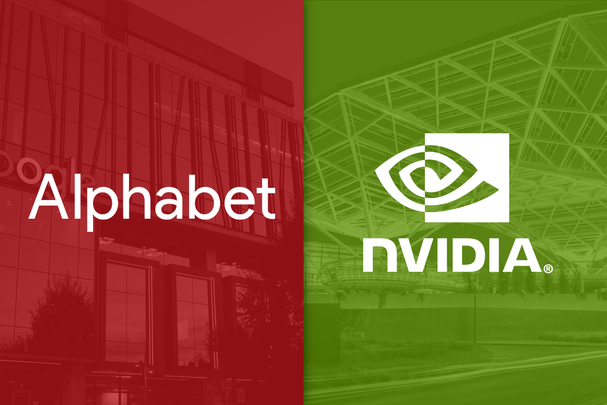 A split image with the Alphabet and Nvidia logos superimposed over pictures of their respective headquarters buildings.