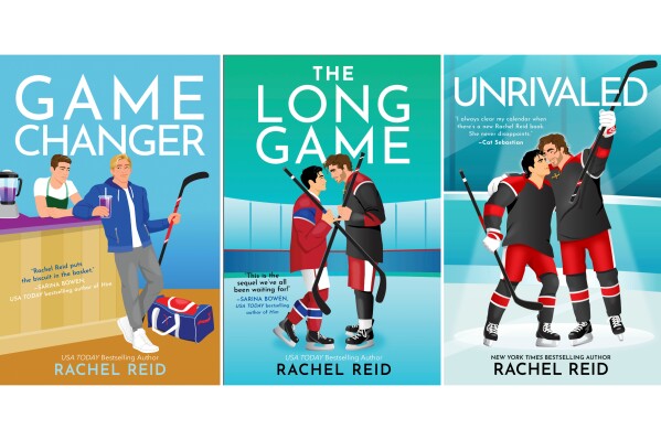 This combination of book cover images released by Carina Press shows three books from the Game Changers series by author Rachel Reid that feature characters Ilya Rozanov and Shane Hollander, from left, "Game Changer," "The Long Game," and the upcoming "Unrivaled." (Carina Press via AP)