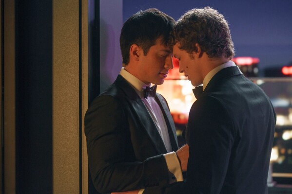 Hudson Williams, left, and Connor Storrie in "Heated Rivalry." (Sabrina Lantos/HBO Max via AP)