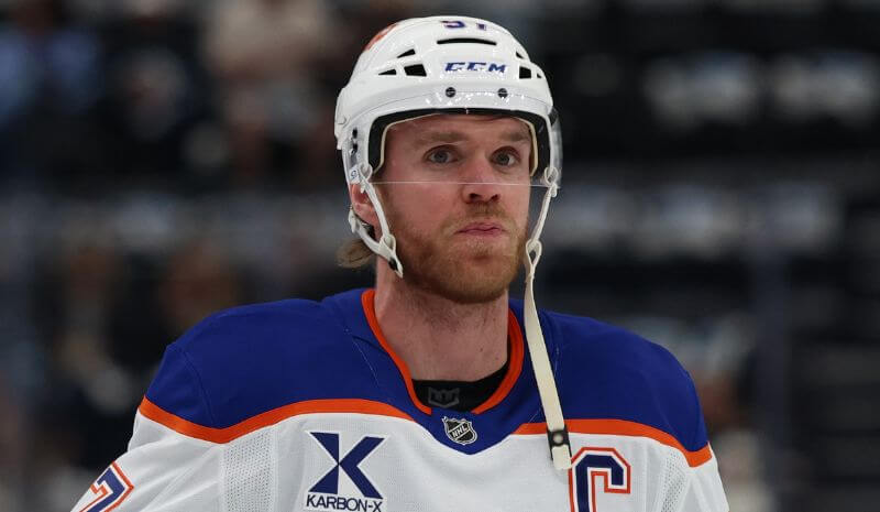 Edmonton Oilers center Connor McDavid (97) warms up.