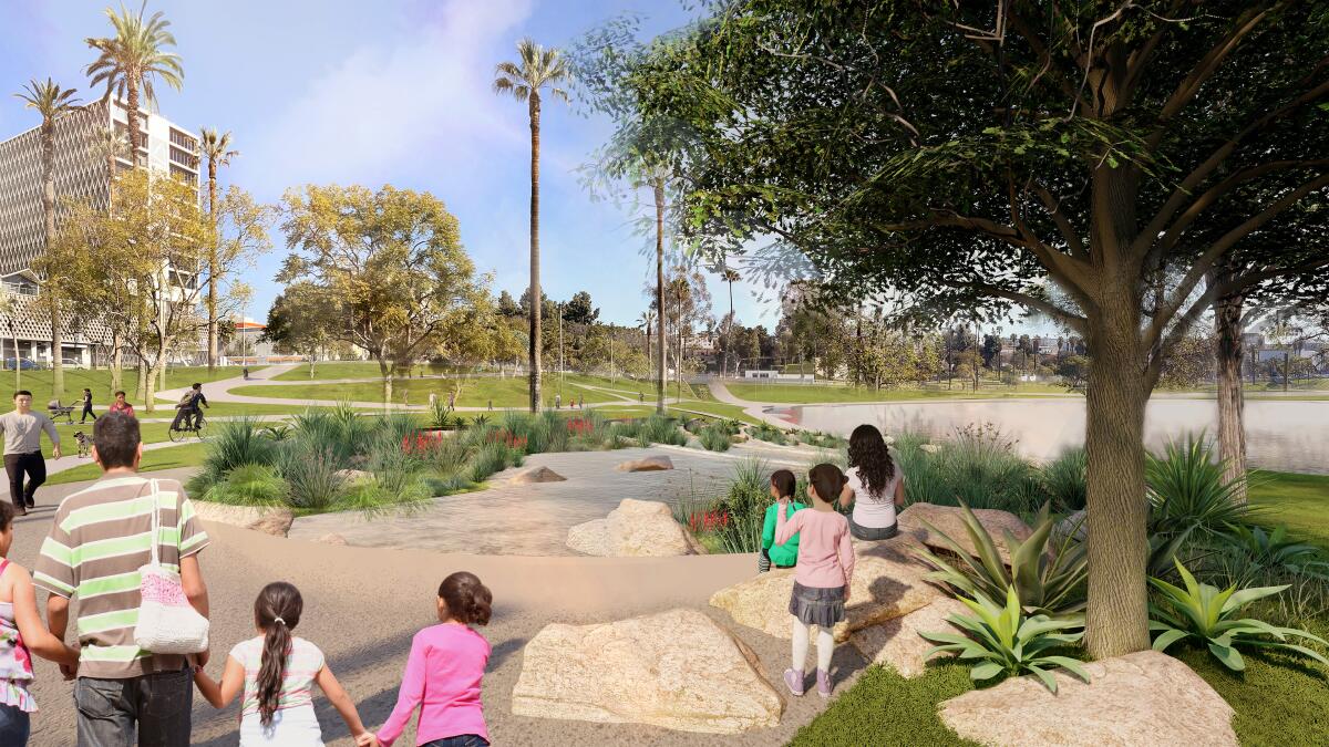 A rendering of the MacArthur Park Lake Stormwater Capture Project, which will add trees, walking paths and a water feature 