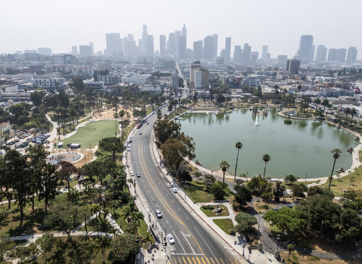 An aerial view of MacArthur Park in Los Angeles