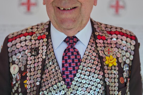Bob Paice, Pearly King of Forest Gate attends St George's Day celebrations in Trafalgar Square in London, Sunday, April 19, 2026. (AP Photo/Kirsty Wigglesworth, File)