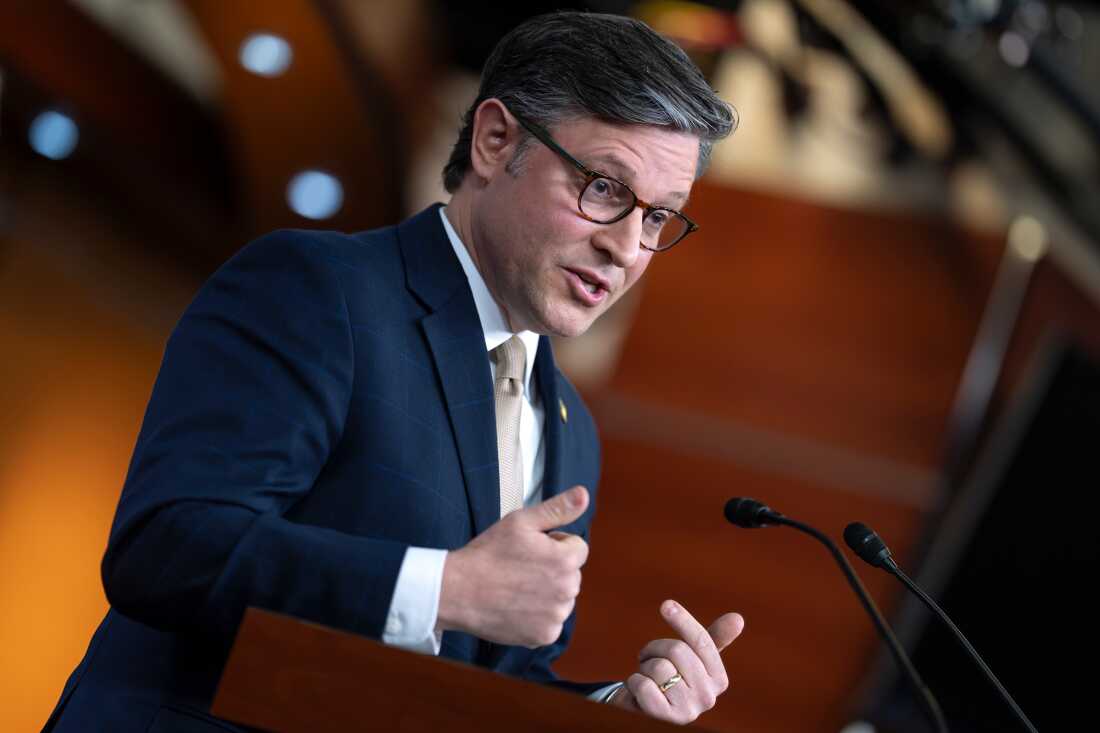 Speaker of the House Mike Johnson, R-La., takes questions at a news conference at the Capitol on Tuesday.