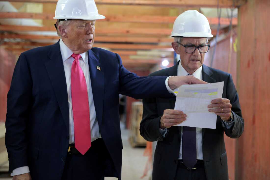 President Trump and Federal Reserve Chair Jerome Powell tour the Federal Reserve’s $2.5 billion headquarters renovation project on July 24, 2025.