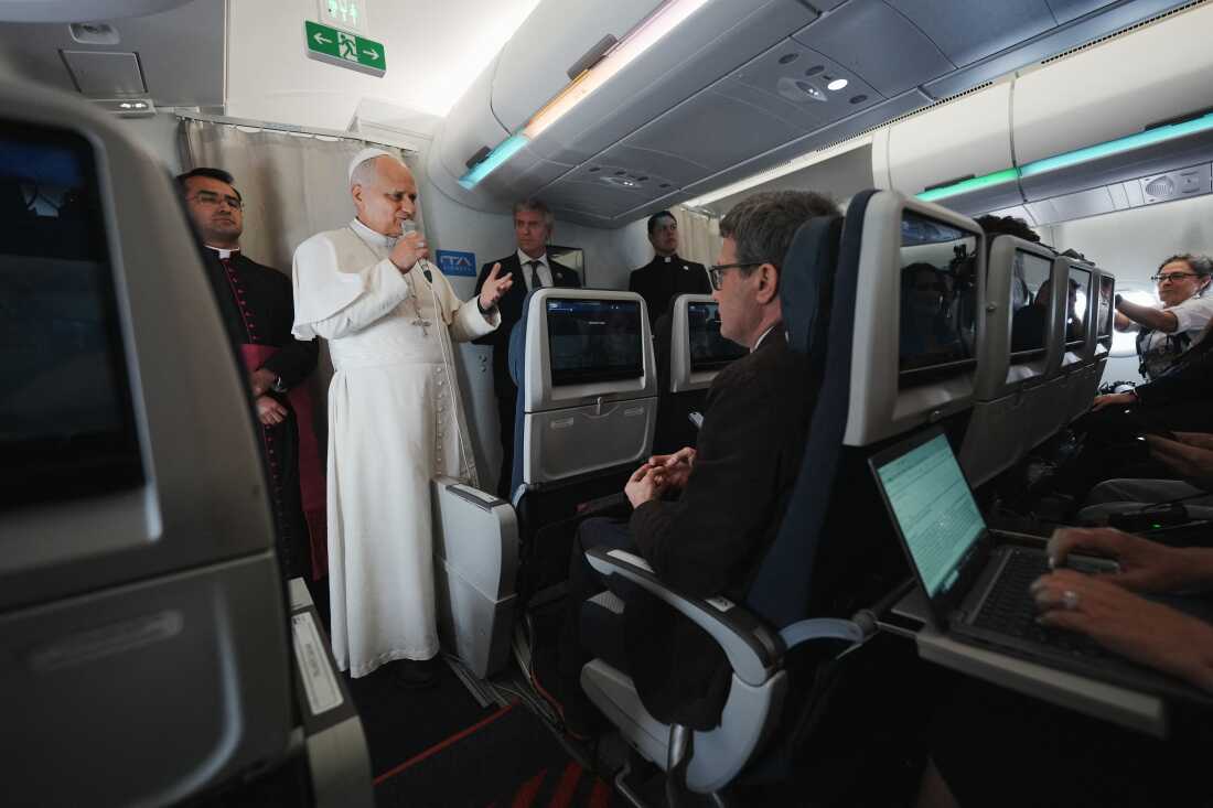 Pope Leo XIV speaks to journalists aboard the papal flight from Malabo to Rome, on Thursday, at the end of his 11-day pastoral visit to Africa.