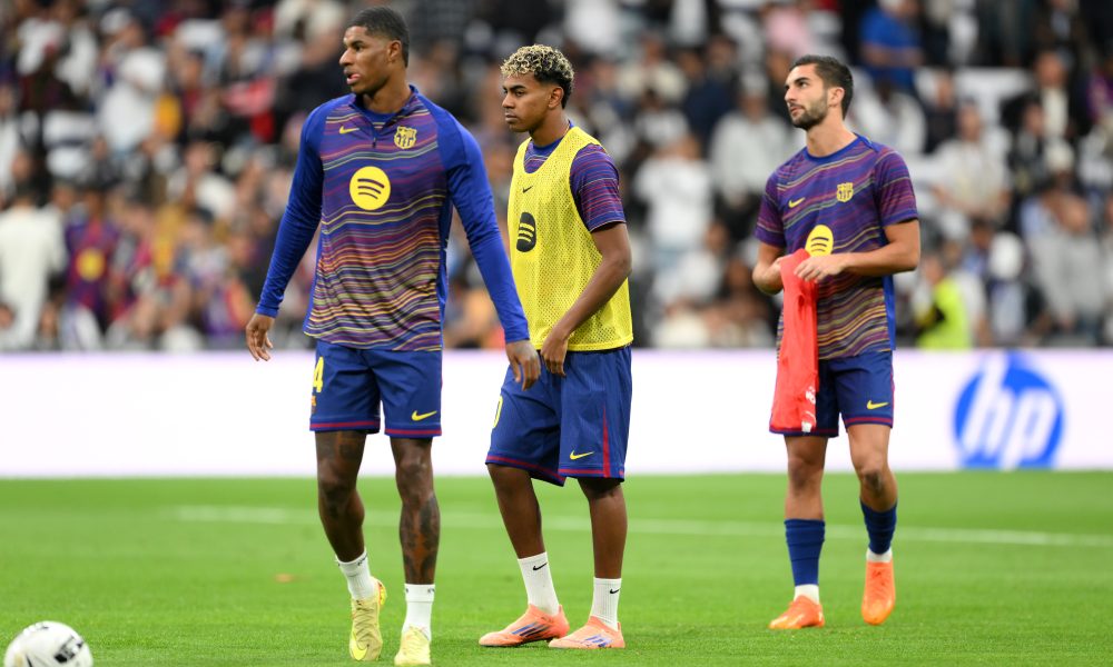 Marcus Rashford, Lamine Yamal and Ferran Torres of FC Barcelona