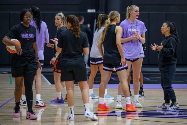 Golden State Valkyries head coach Natalie Nakase chats with players during the team's first day of training camp at the Sephora Performance Center in Oakland, Calif., on Sunday, April 19, 2026. (Jose Carlos Fajardo/Bay Area News Group)